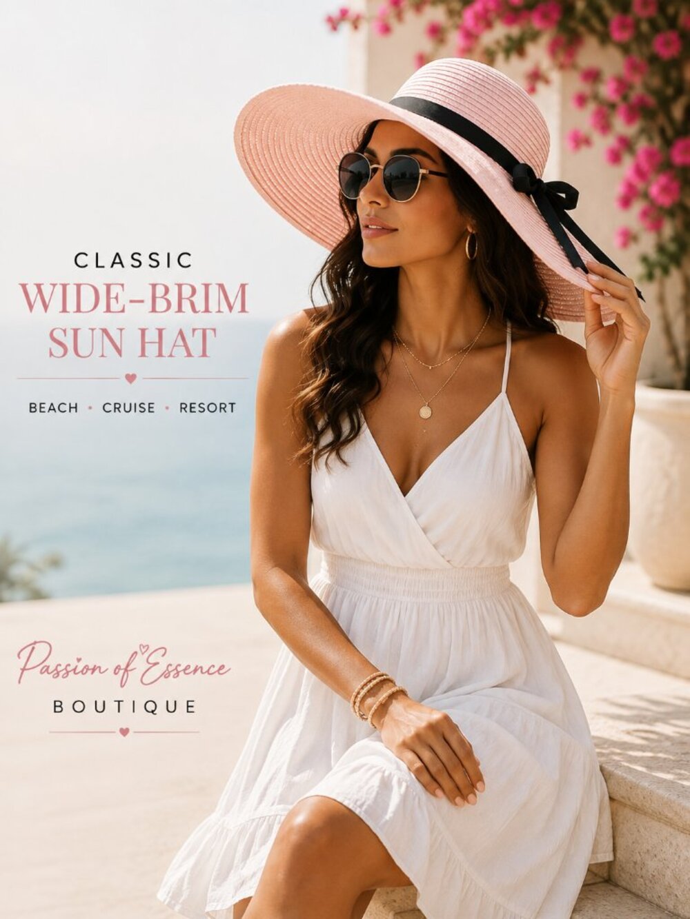 Pink Wide-Brim Sun Hat with Black Bow – Beach Cruise Resort Hat One Size